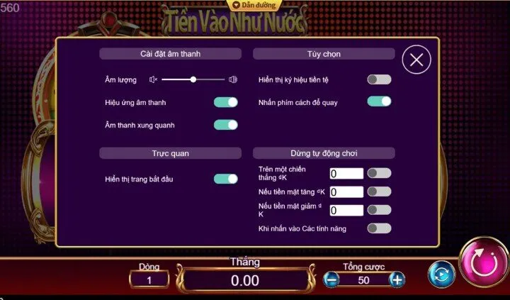Màn hình cài đặt âm thanh và tùy chọn quay trong tiền vào như nước king88